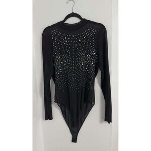 IRIS‎ Y2K Rhinestone Mesh Bodysuit Womens 2XL Sheer Long Sleeve Mock Neck